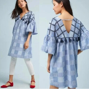 Anthropologie Maeve Tatum Embroidered Tunic Dress V Neck Tassel Loose Pullover M